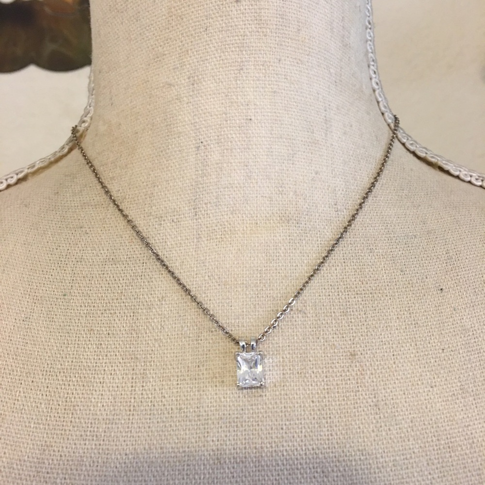 Vintage square cut cz pendant silver plated chain